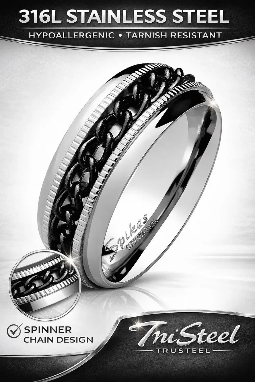 Men’s silver Black Chain Center Spinner 316L Stainless Steel biker Ring Size 13